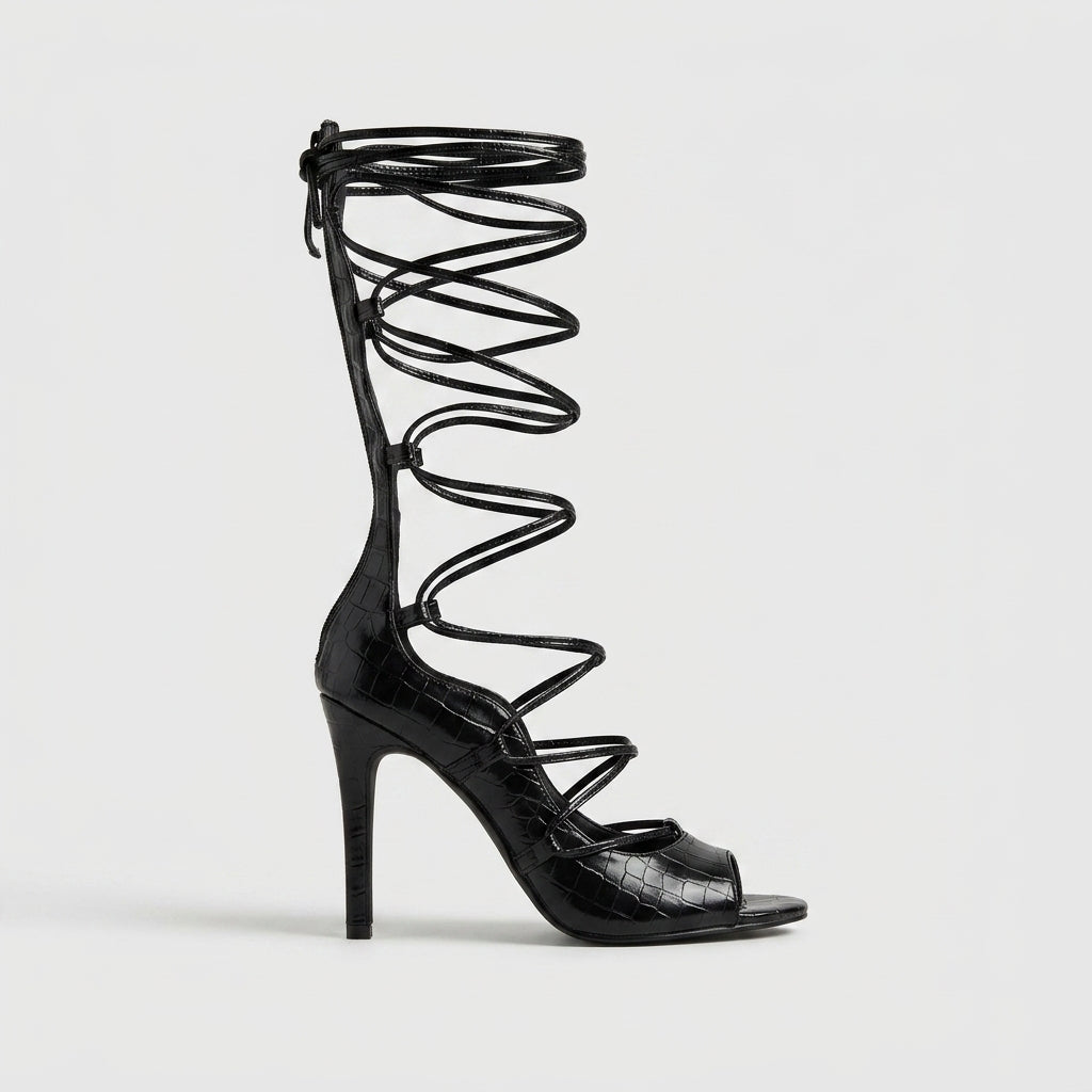 Women's Black Lace-Up Knee-High Strappy Gladiator Heels