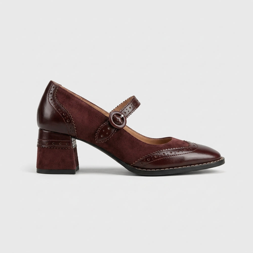 Women's Mary Jane Heels Square Toe - Brogue Perforated - Block Heel