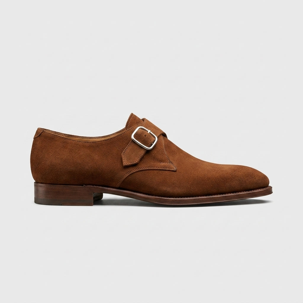 Men's Monk Strap Shoes - Suede - Almond Toe - Low Block Heel
