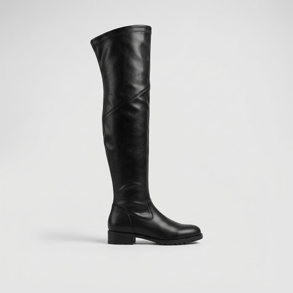 Women's Over-The-Knee Boots - Low Block Heel - Side Zip - Lug Sole