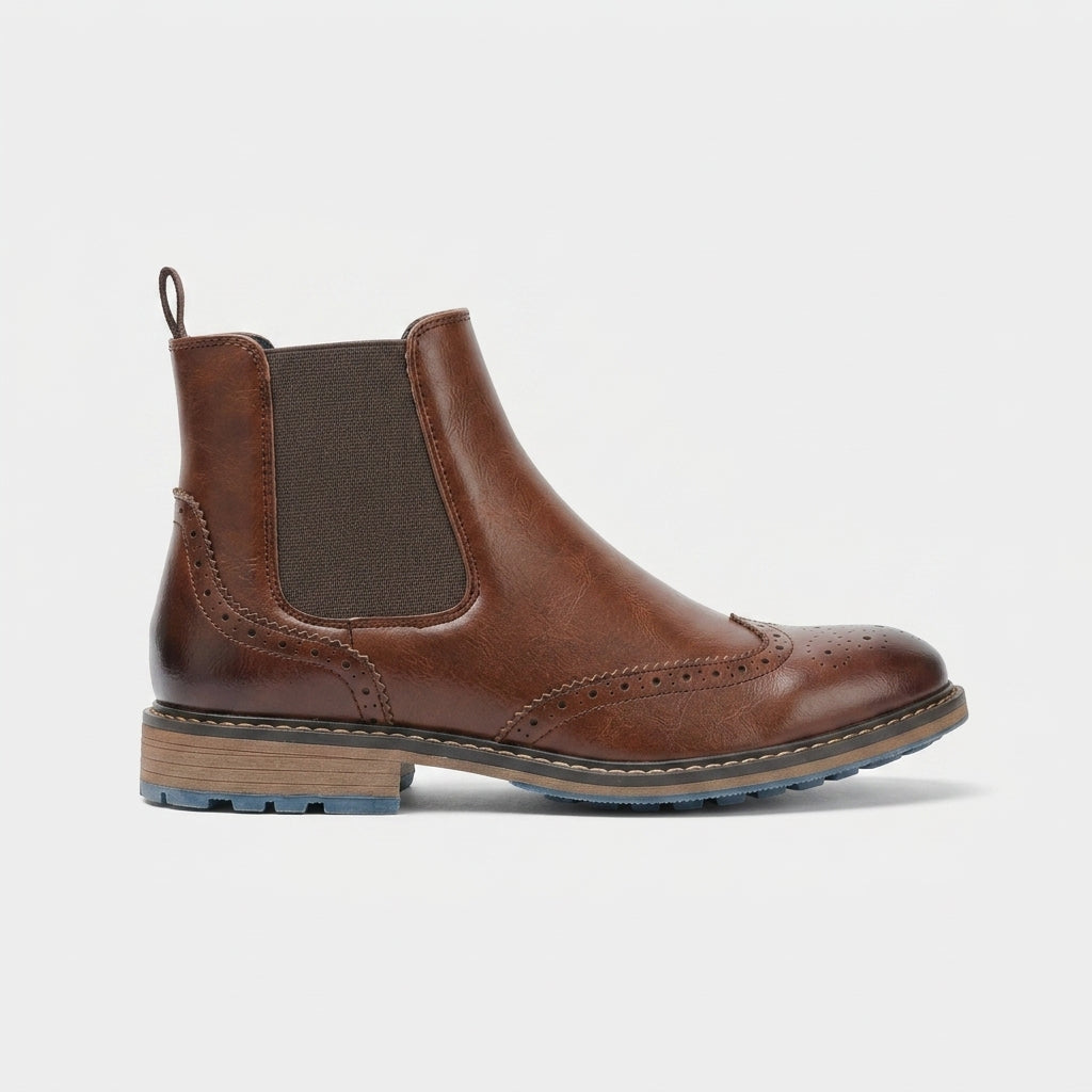Men's Chelsea Boots Chunky Platform Brogue Round Toe Brown Elastic