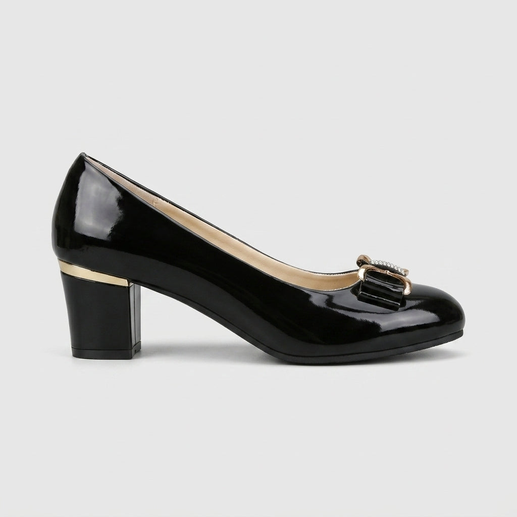 Women's Block Heels Patent Leather Round Toe Rhinestone Bow
