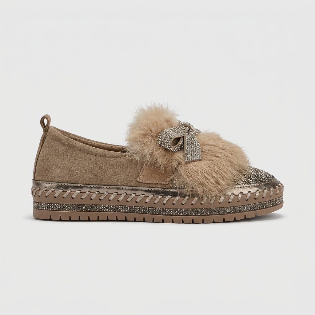 Women's Round Toe Flats with Fur Trim Bow and Rhinestone Detail