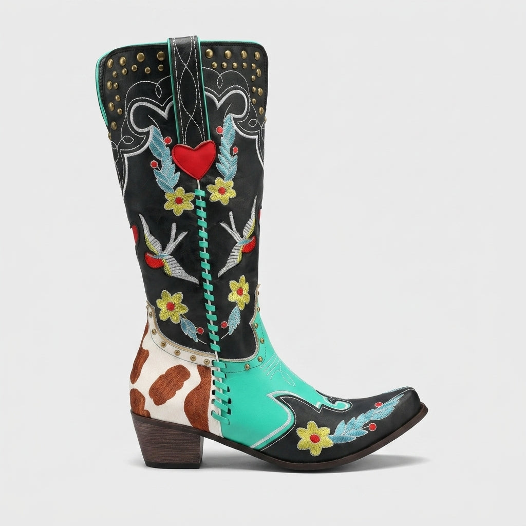 Women's Knee High Boots - Embroidered Block Heel Western Style