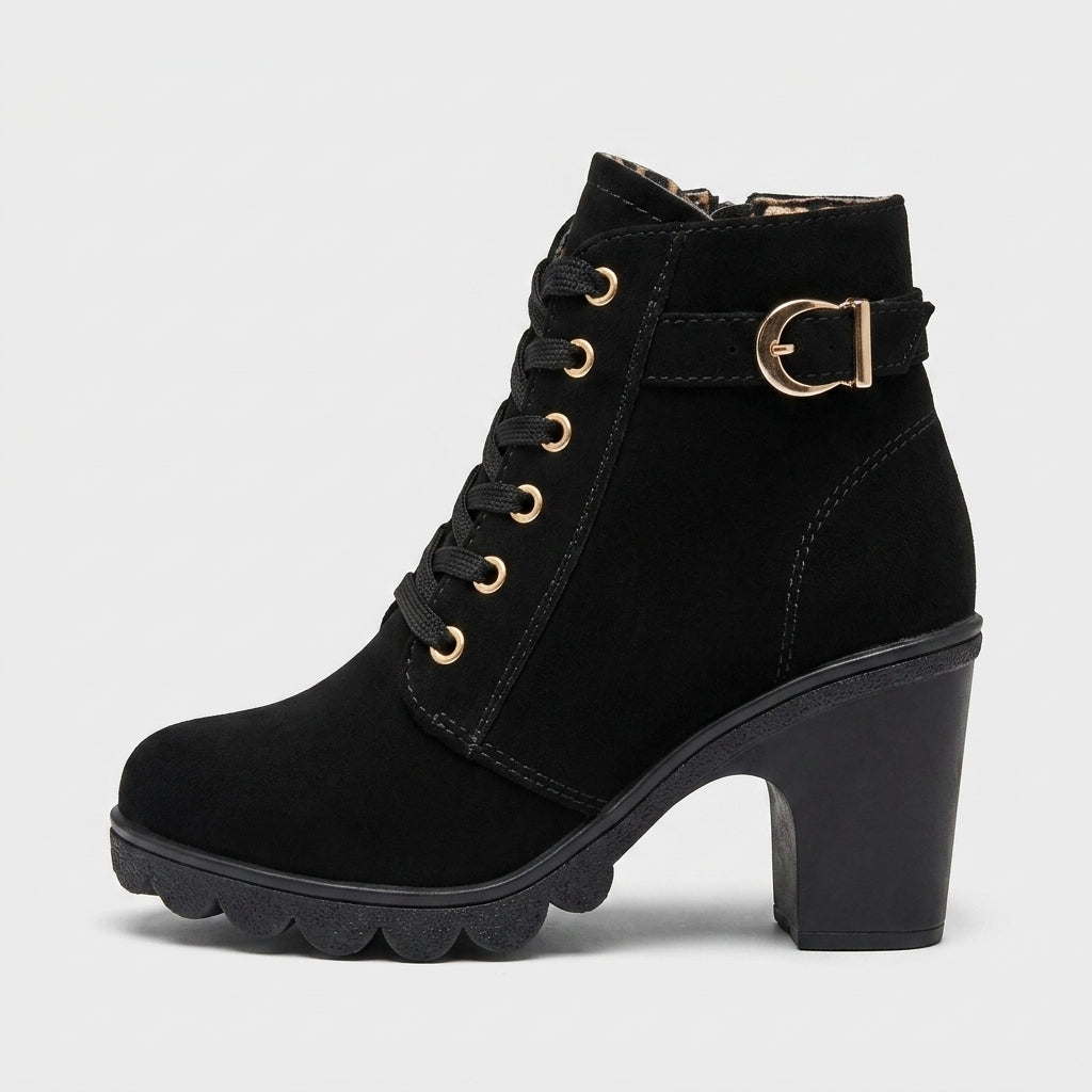 Women's Lace-Up Ankle Boots with Buckle Strap and Platform Sole