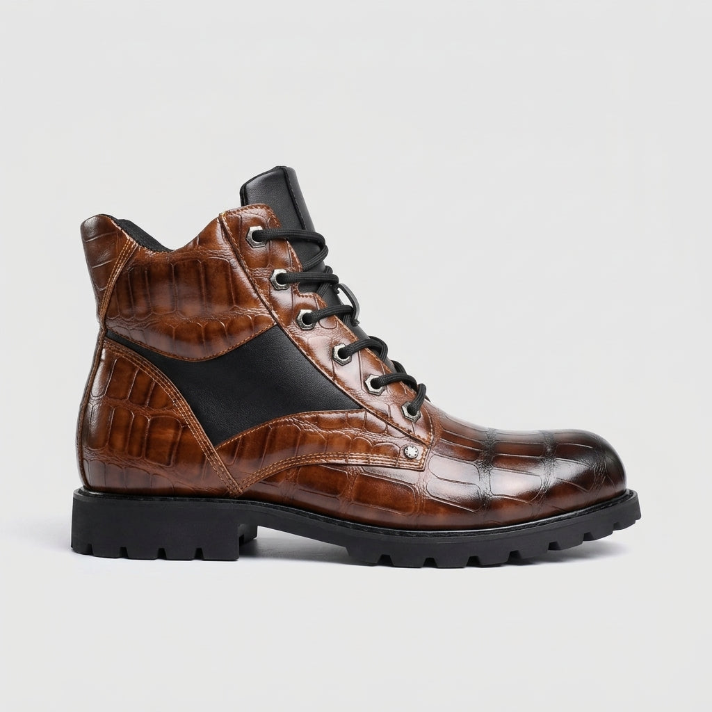 Men's Boots Croc-Embossed Lace-Up Ankle Lugged Sole