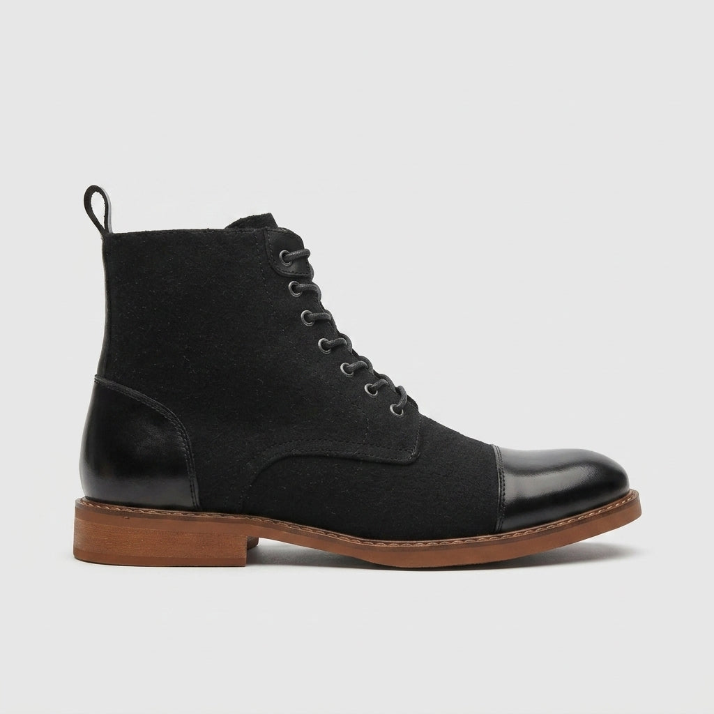 Men's Boots Lace-Up Cap Toe Ankle Wool-Blend Leather Heel Panel