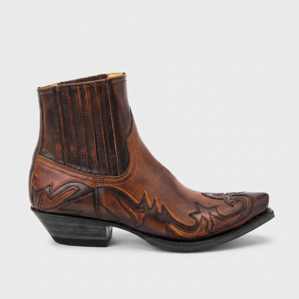 Men's Pointed Toe Western Ankle Boots with Stitched Overlay Detail