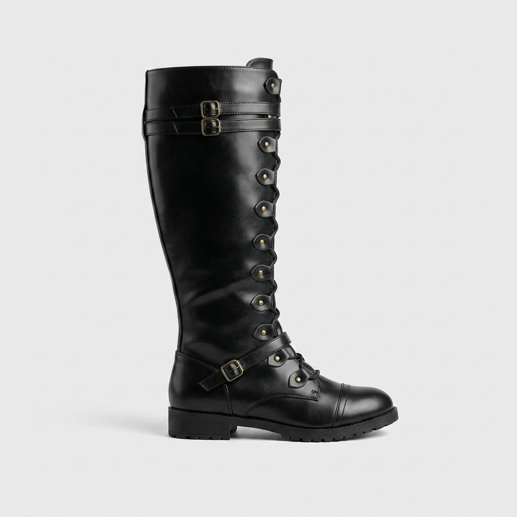 Women's Boots Knee-High Lace-Up Buckle Straps Low Block Heel