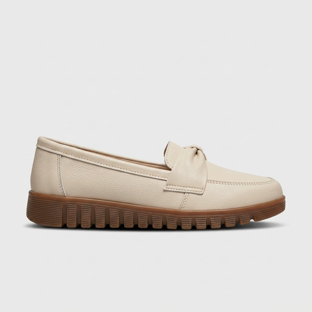 Women’s Flat Slip-On Loafers with Bow Knot Detail, Round Toe and Lug Sole