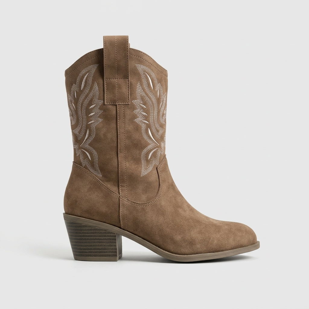 Women's Boots Mid-Calf Block Heel Western Embroidered Pull-On