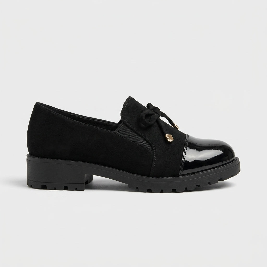 Women's Penny Loafers Block Heel Bow Detail Patent Cap Toe