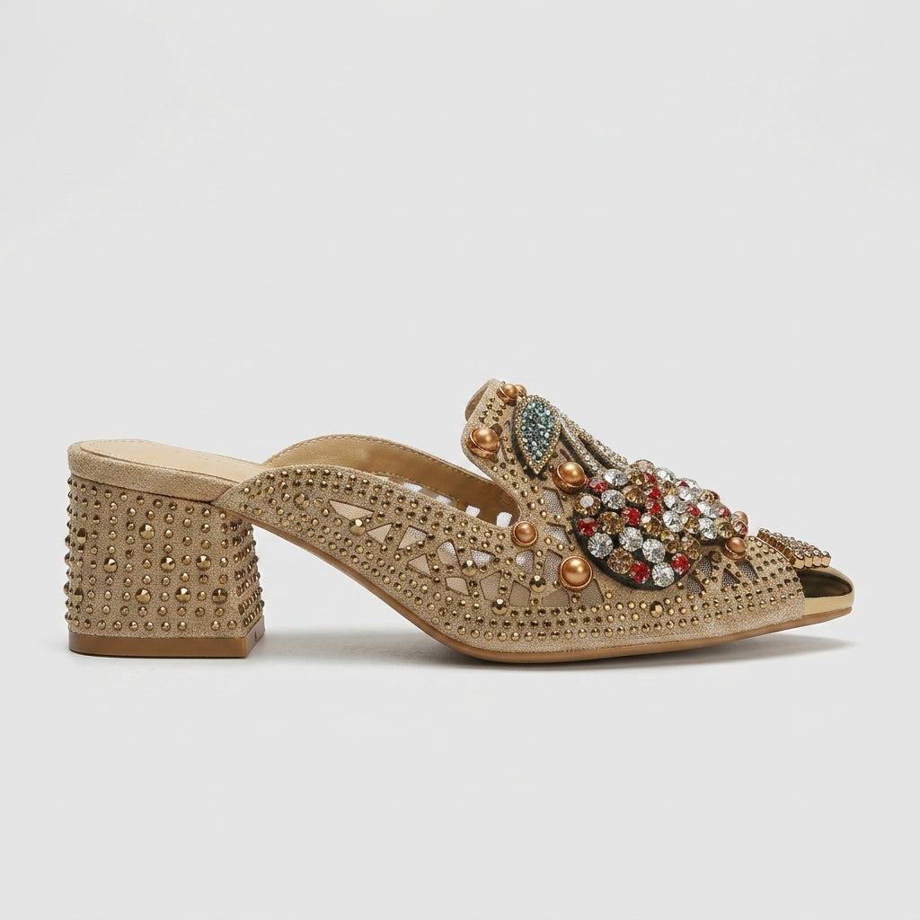Women's Block Heels Pointed Toe Crystal Cherry Embellished Mules