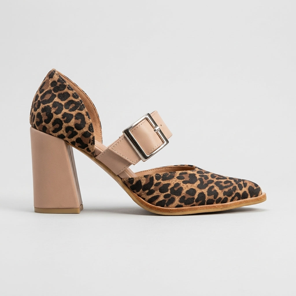 Women's Block Heels - Leopard Print - Buckle Strap - Closed Toe