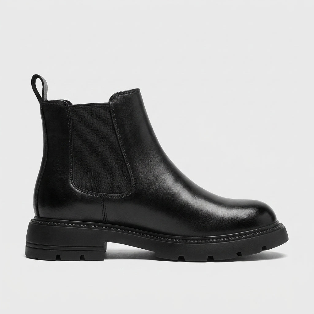 Women's Leather Ankle Boots Chelsea Elastic Gore Low Heel Lug Sole