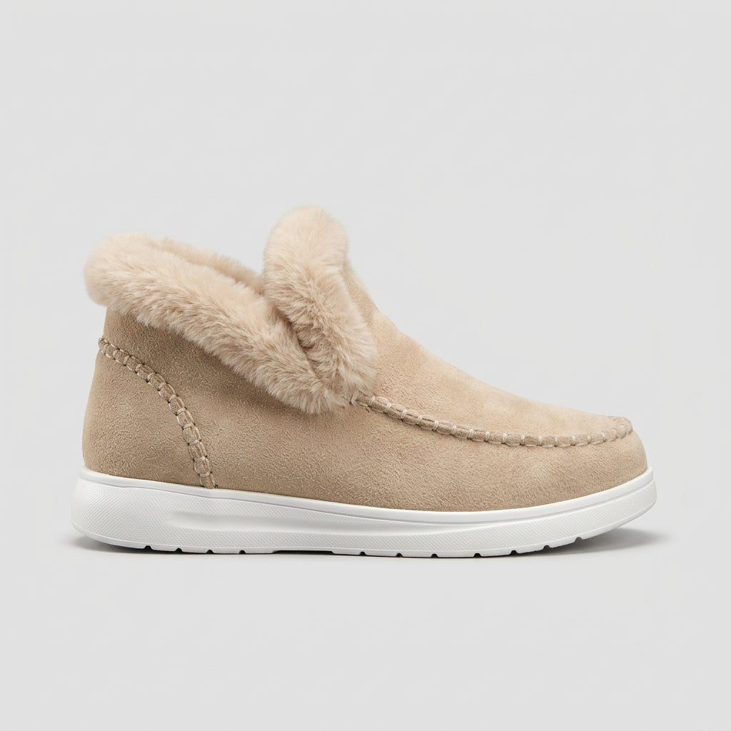 Women's Fur-Trim Ankle Boots with Moc-Toe Stitching and Flat Sole