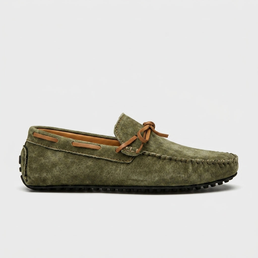 Men's Loafers Suede Bow Tie Driving Moccasins Rubber Pebble Sole