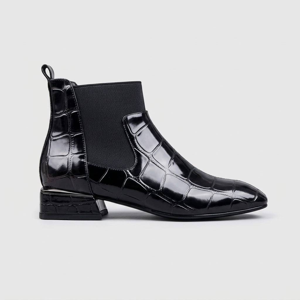 Men’s Croc Embossed Patent Chelsea Boots with Square Toe, Elastic Gusset and Pull Tab