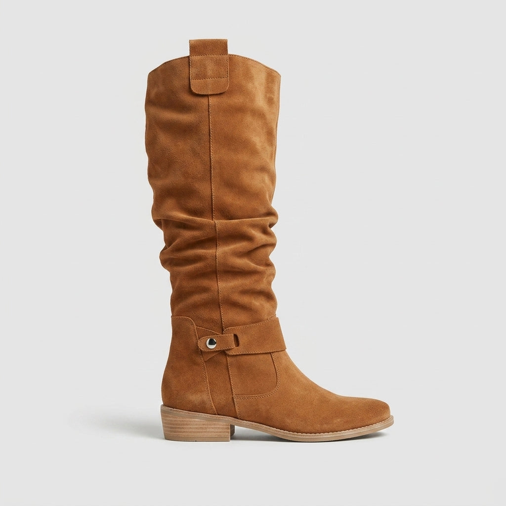 Women's Knee High Boots - Slouchy Shaft - Low Block Heel