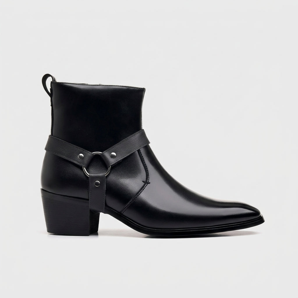 Men’s Ankle Boots with Pointed Toe, Harness Strap, D-Ring Stud Detail and Side Zip