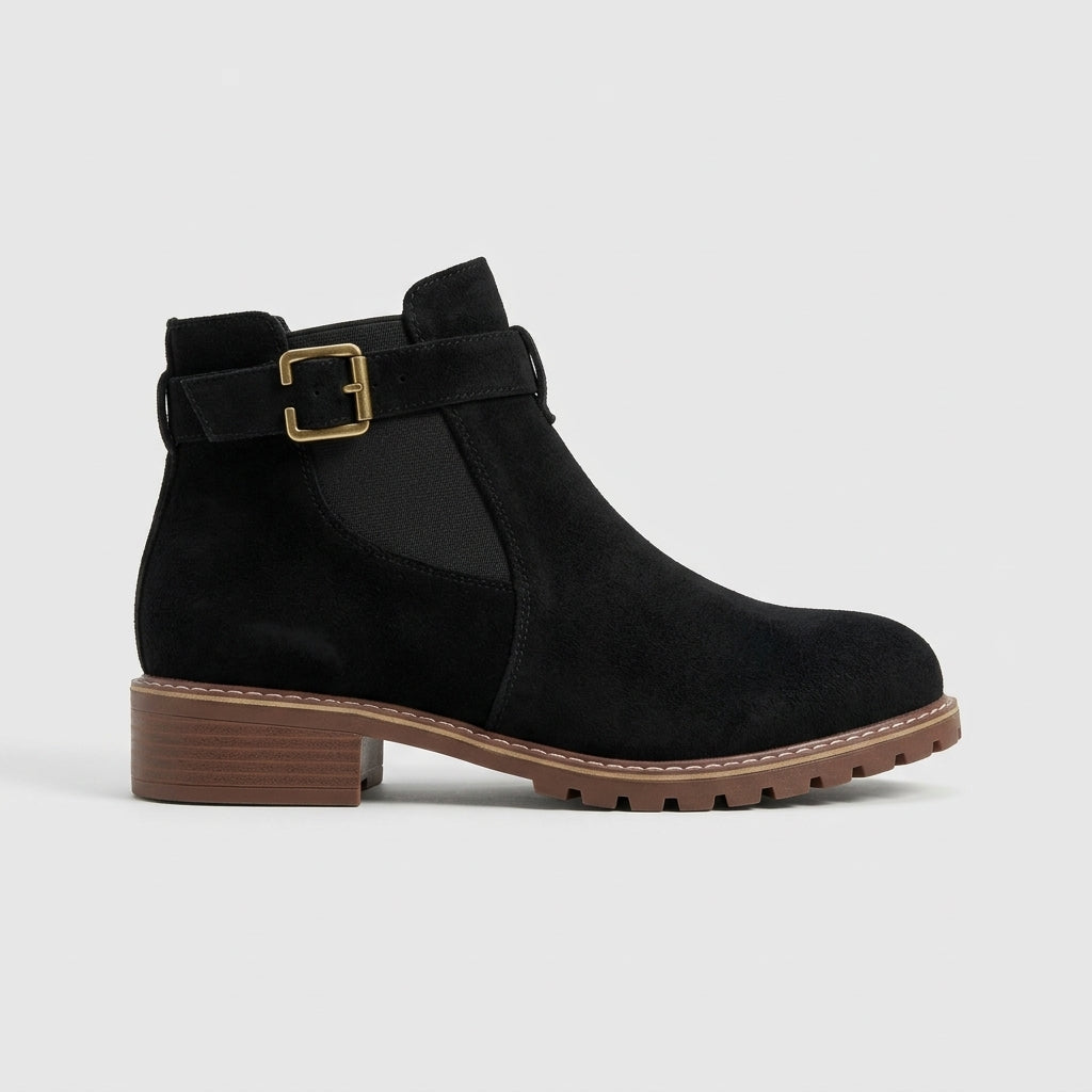 Women's Ankle Boots Chelsea Buckle Strap Suede Block Heel
