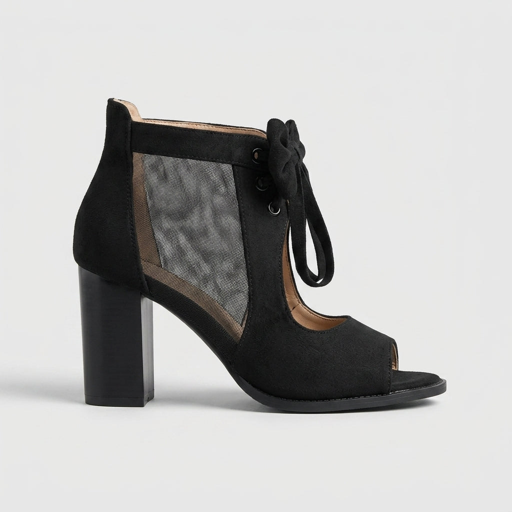 Women's Block Heels Bow-Tie Ankle Strap - Open-Toe Cutout Sides