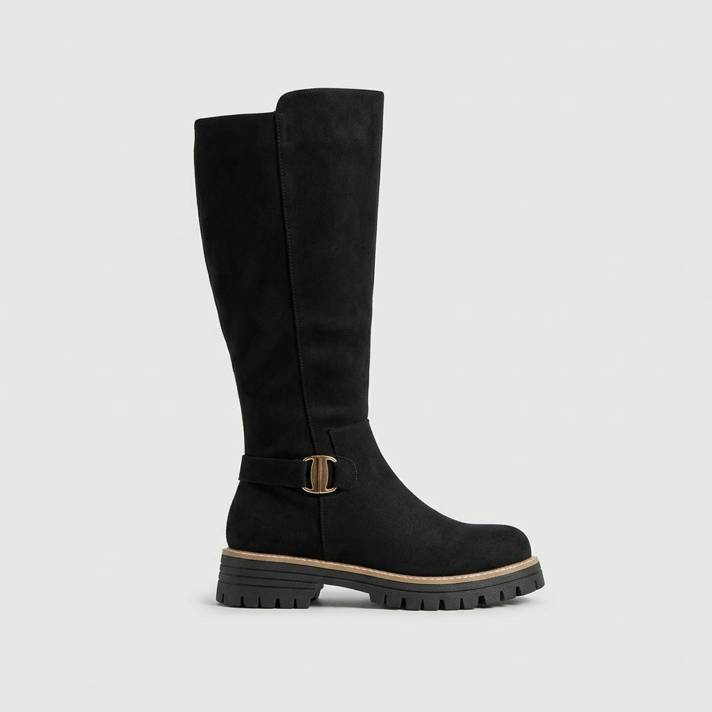 Women's Knee High Boots - Side Zip - Buckle Detail - Lug Sole
