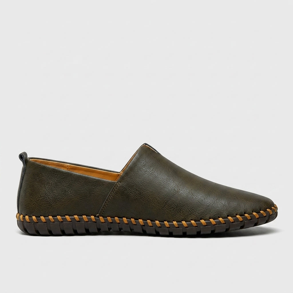 Men's Slip-On Loafers - Leather - Hand-Stitched Sole - Pull Tab