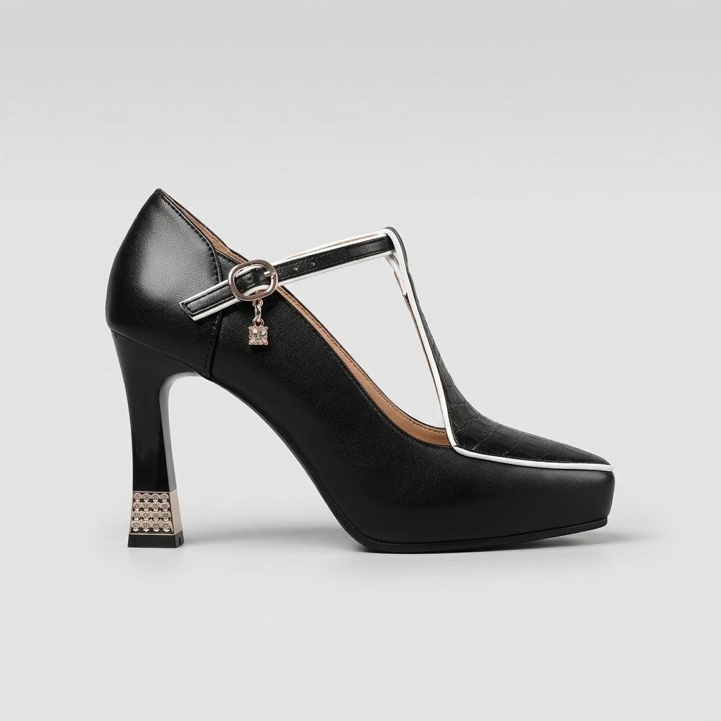 Women’s T-Strap Heels with Square Toe, Gold-Tone Buckle