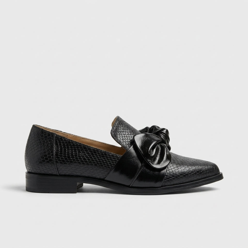 Women's Loafers Pointed Toe Bow Detail Textured Block Heel Flats