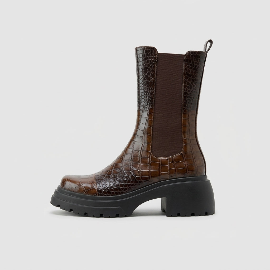 Women's Platform Boots Mid-Calf Chelsea Croc-Embossed Lug Sole