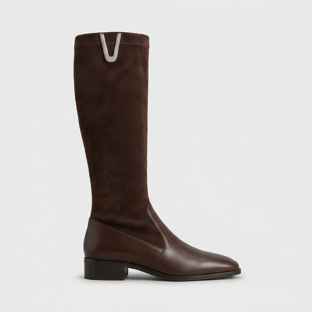 Women's Knee High Boots - Suede - Low Block Heel - Pull-On