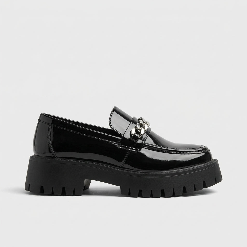 Men’s Patent Platform Loafers with Silver Chain Detail, Round Toe and Lug Sole
