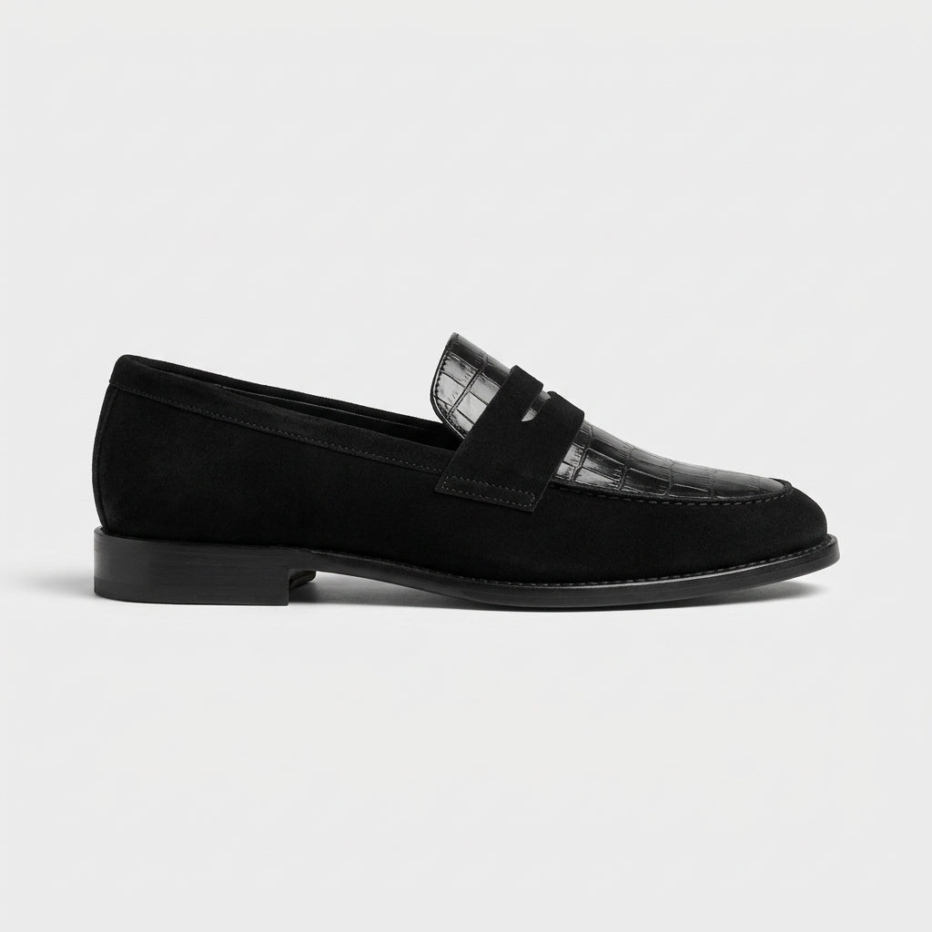 Women's Penny Loafers Slip-On Croc-Embossed Leather Panel Flat