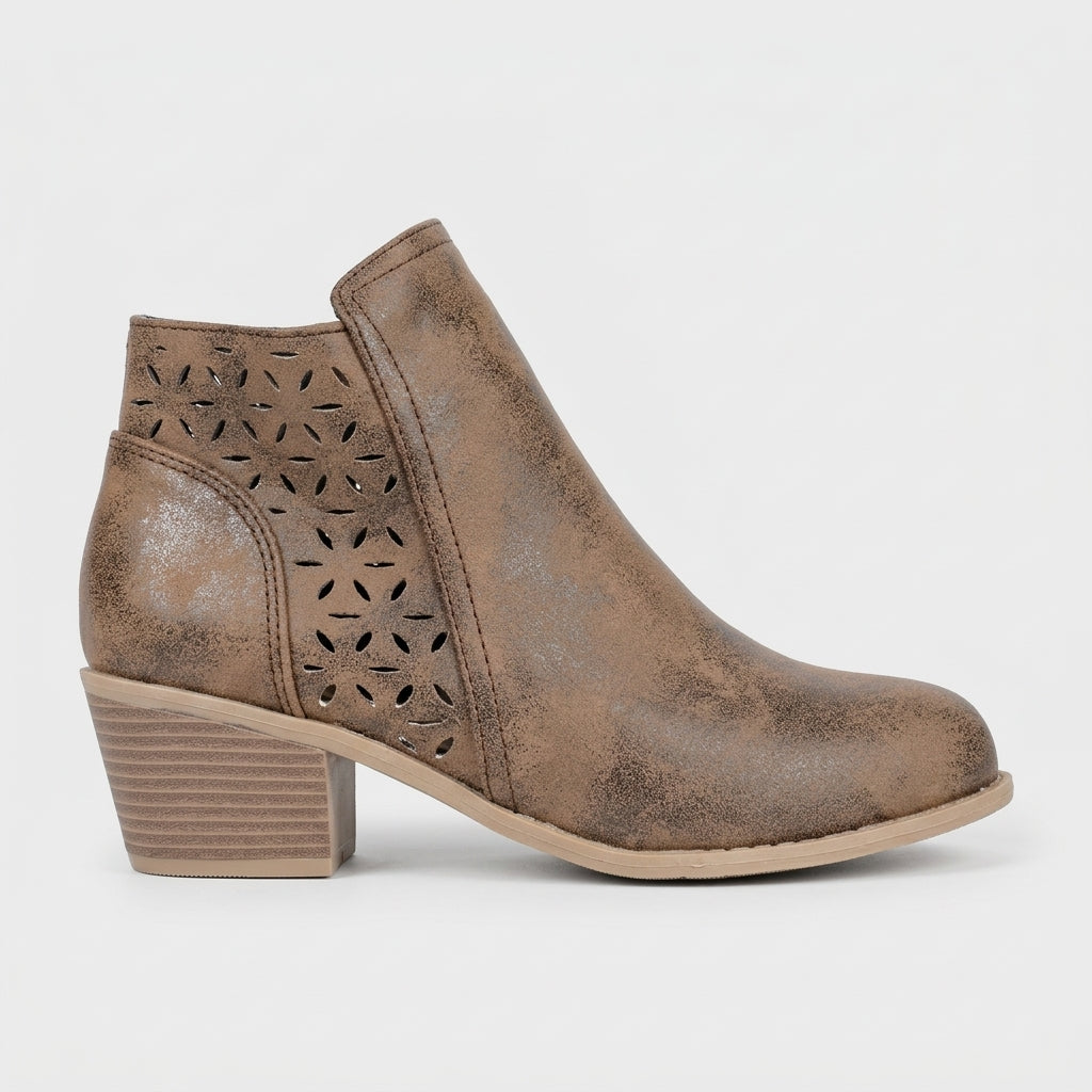 Women's Ankle Boots Block Heel Laser-Cut Side Zip