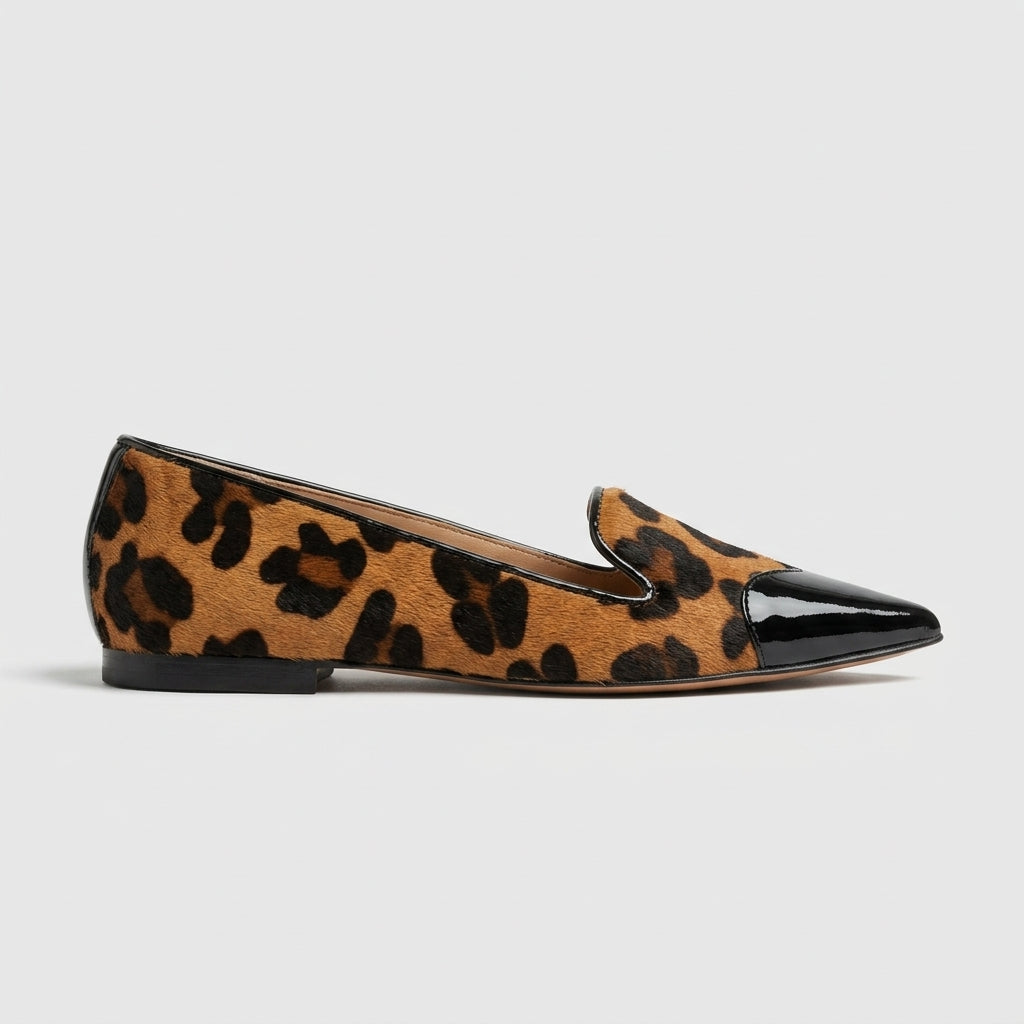 Women's Loafers Pointed Toe Leopard Print Slip-On Patent Cap Toe