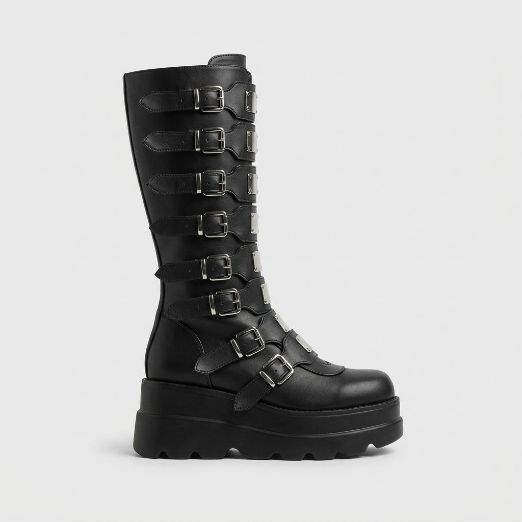 Women's Knee High Platform Boots Multi-Buckle Strap Chunky Sole