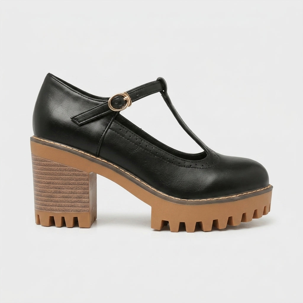 Women's Mary Jane Heels T-Strap Platform Block Heel Lug Sole