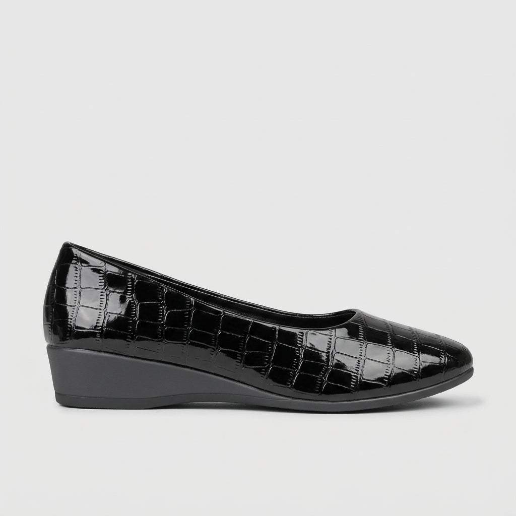 Women's Flats Round Toe Low Wedge Croc-Embossed Slip-On