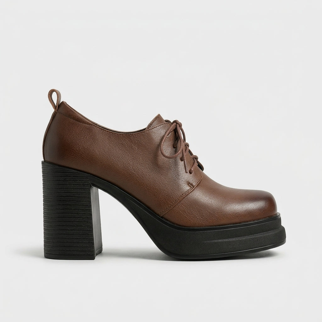 Women's Leather Platform Oxfords with Lace-Up Closure and Block Heel