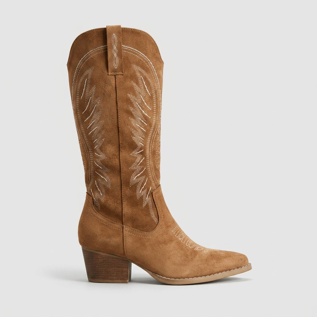 Women's Knee-High Boots Western Embroidered Pointed Toe Block Heel
