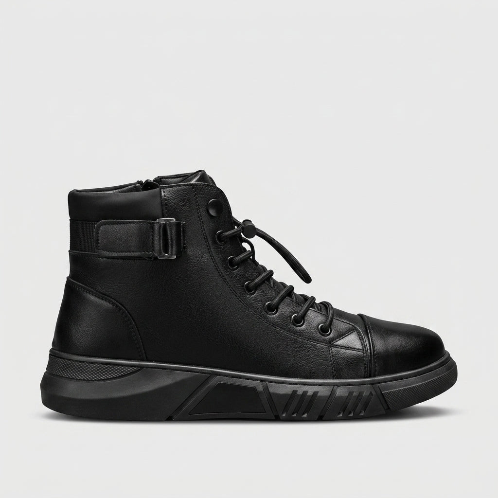 Men's High-Top Sneakers Leather Lace-Up Ankle Buckle Strap