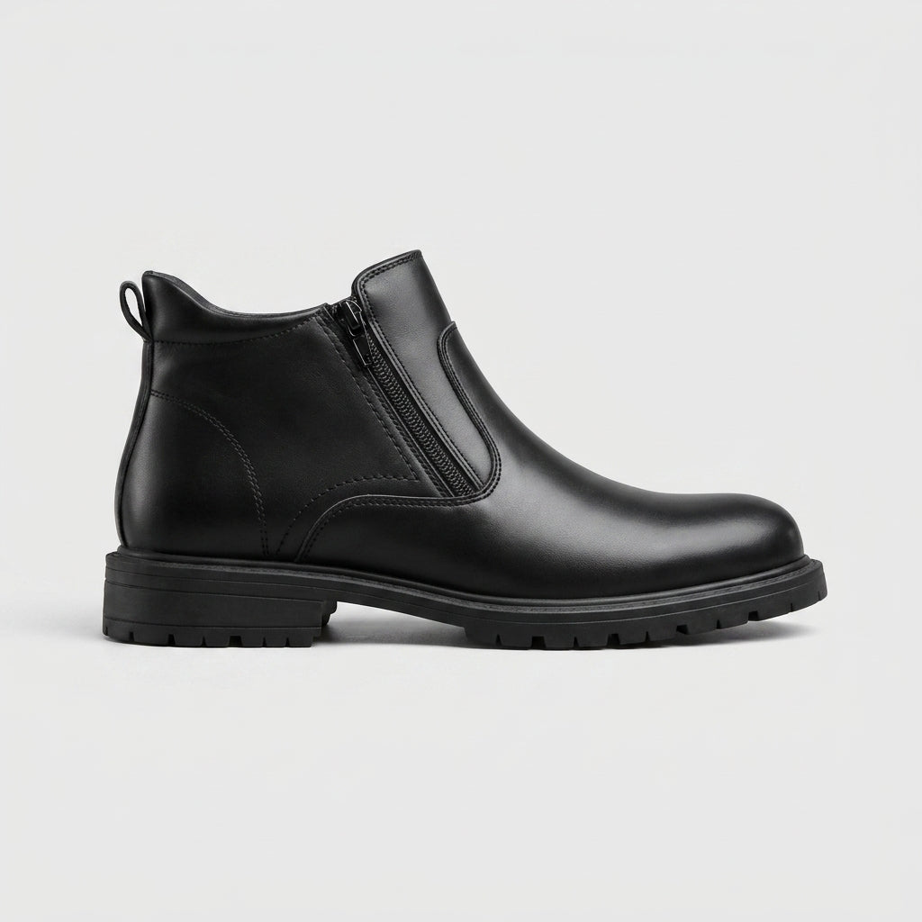 Men's Leather Ankle Boots - Side Zipper - Low Block Heel - Lug Sole