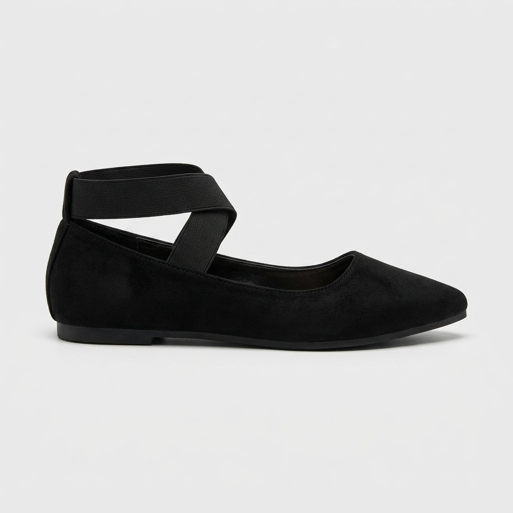 Women's Flats - Pointed Toe - Cross Ankle Strap - Elastic Closure