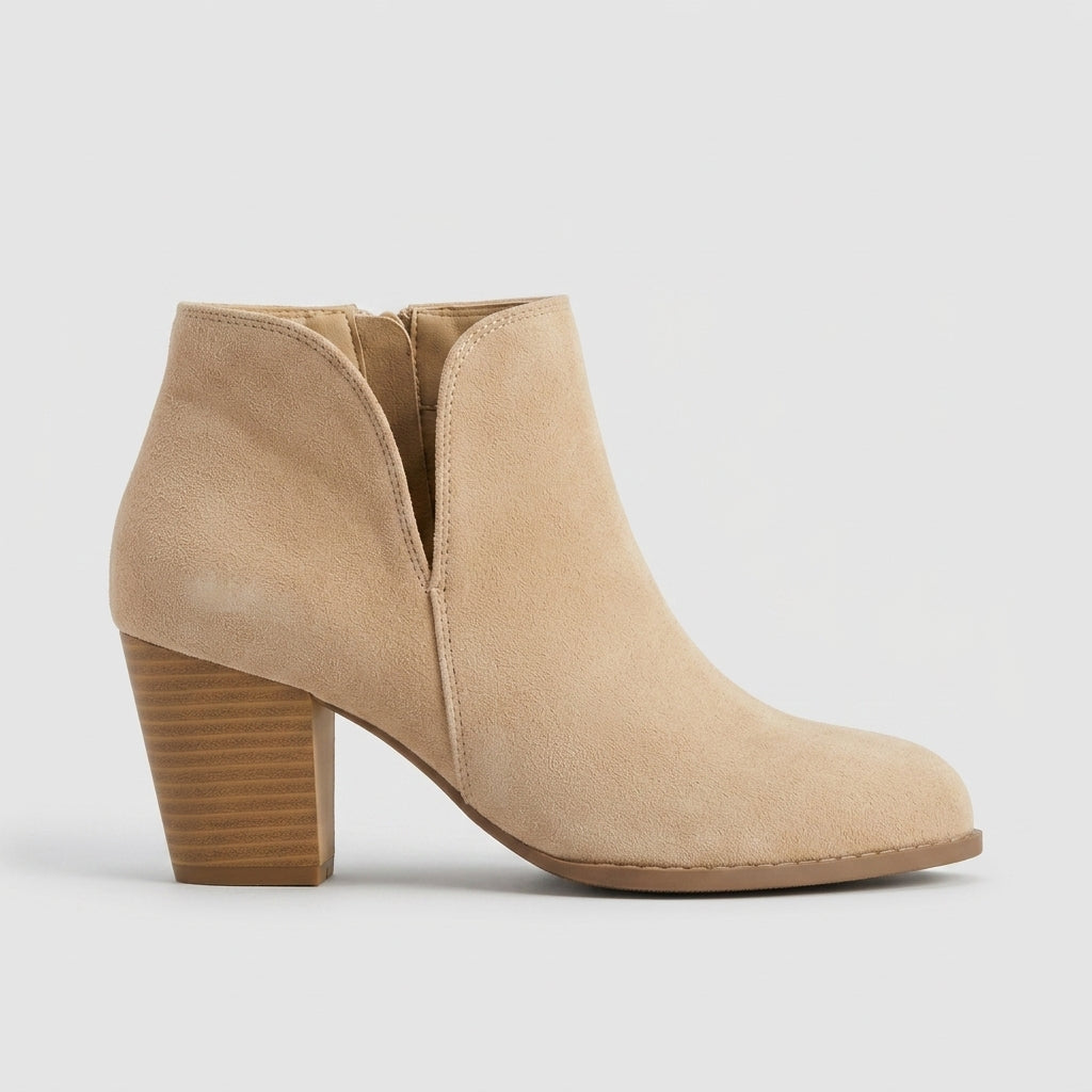 Women's Ankle Boots Block Heels Side V-Cut Almond Toe Zipper