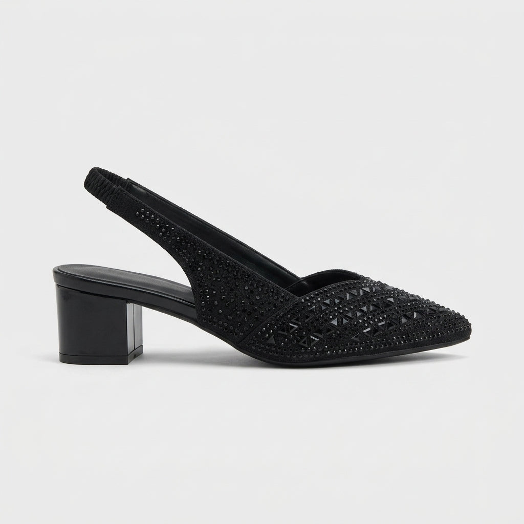 Women's Pointed Toe Slingback Pumps with Rhinestone Detail and Block Heel