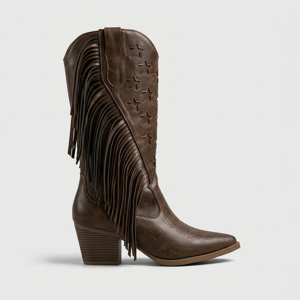 Women's Knee High Boots Western Pointed Toe Fringe Block Heel