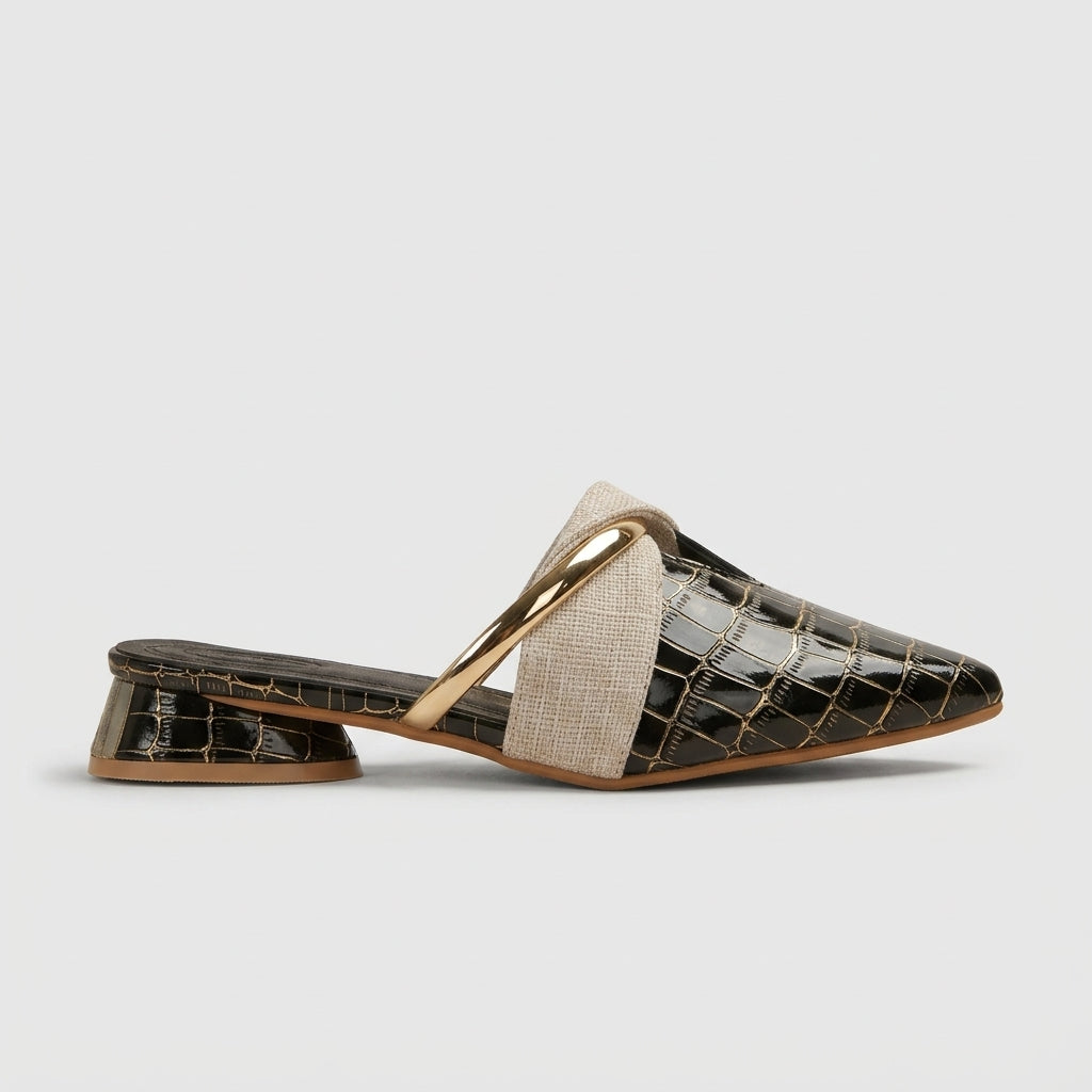 Women's Pointed Toe Mules with Metal Accent Strap and Low Heel