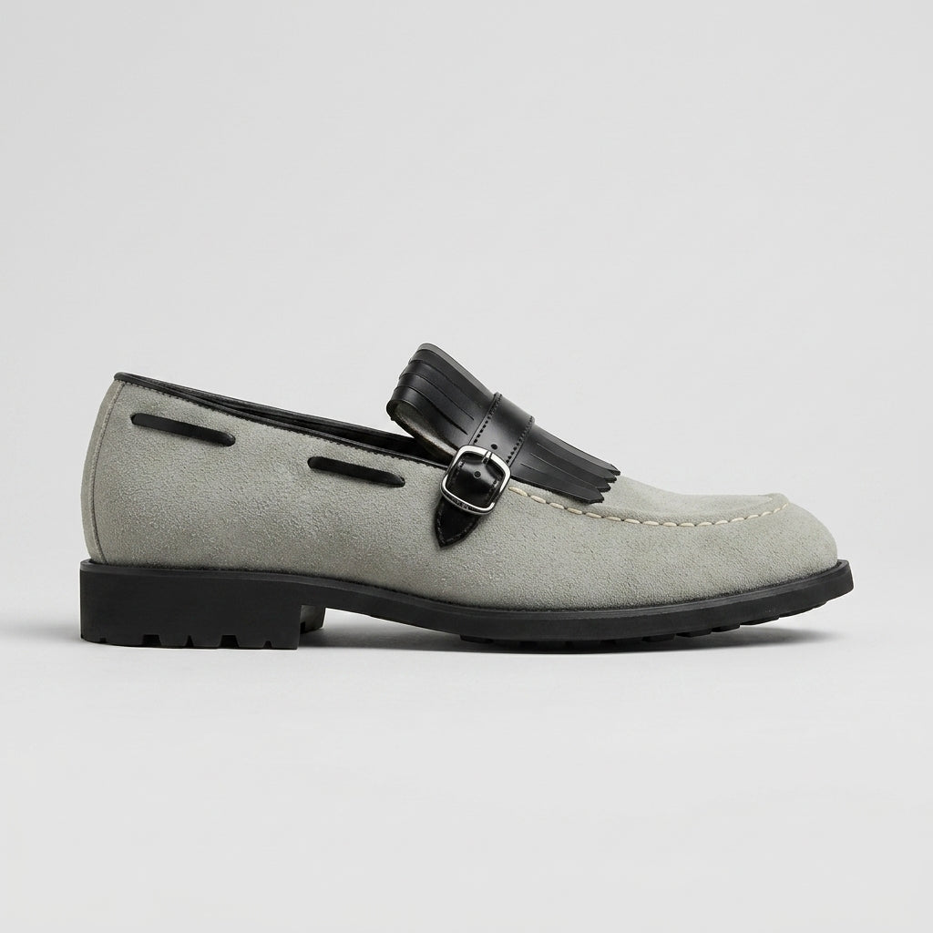 Men's Penny Loafers - Suede - Fringe Detail - Buckle Strap