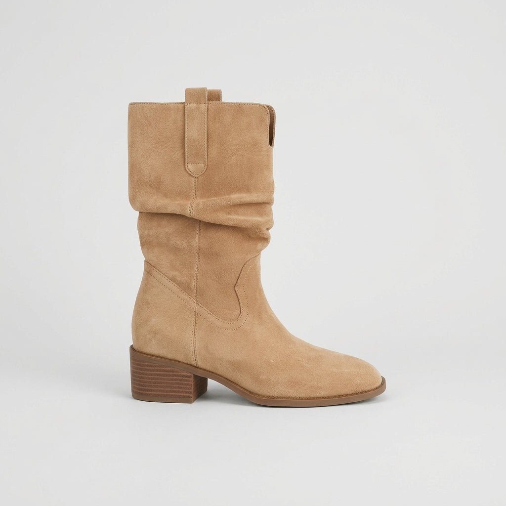Women’s Suede Slouch Mid Calf Western Boots Block Heel